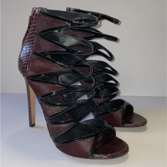 Brian Atwood Shoes Womens Size 8 Burgundy Black Snakeskin High Heel Sandals Zip - Picture 1 of 16